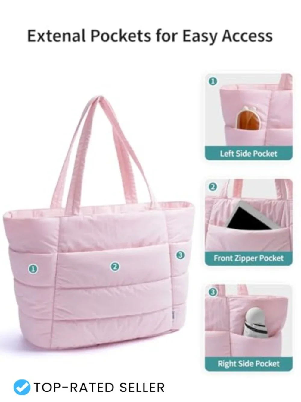 Nylon Puffer Tote Bag, Quilted Work Travel Tote, Laptop Shoulder Bag